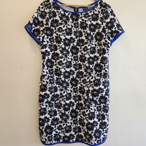 Gabby Skye Floral Print Midi Dress Size Medium Black & White With Neon Blue Trim